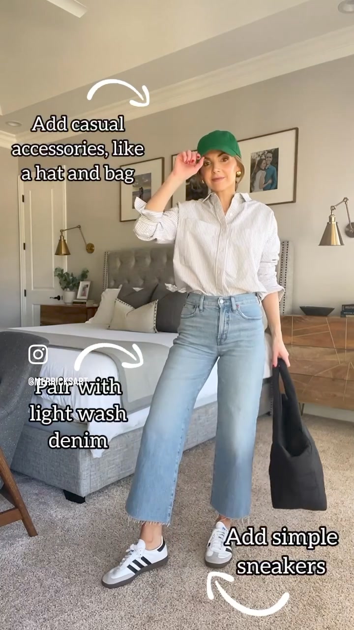 3 easy ways to dress down a button up shirt…, 1️⃣ pair with light wash jeans (or shorts if it’s hot), 2️⃣ add casual shoes like a sleek sneaker or sandal, 3️⃣ choose casual accessories like a baseball 