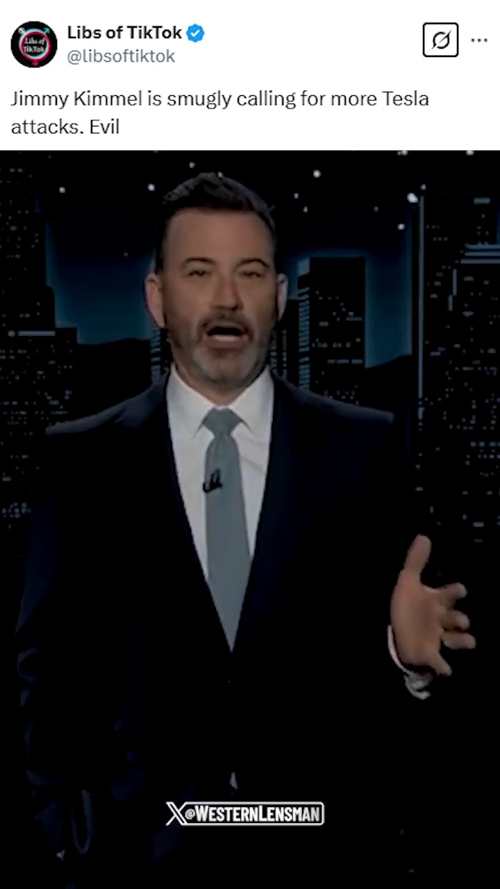 Jimmy Kimmel is smugly calling for more Tesla attacks. Evil | Libs of ...