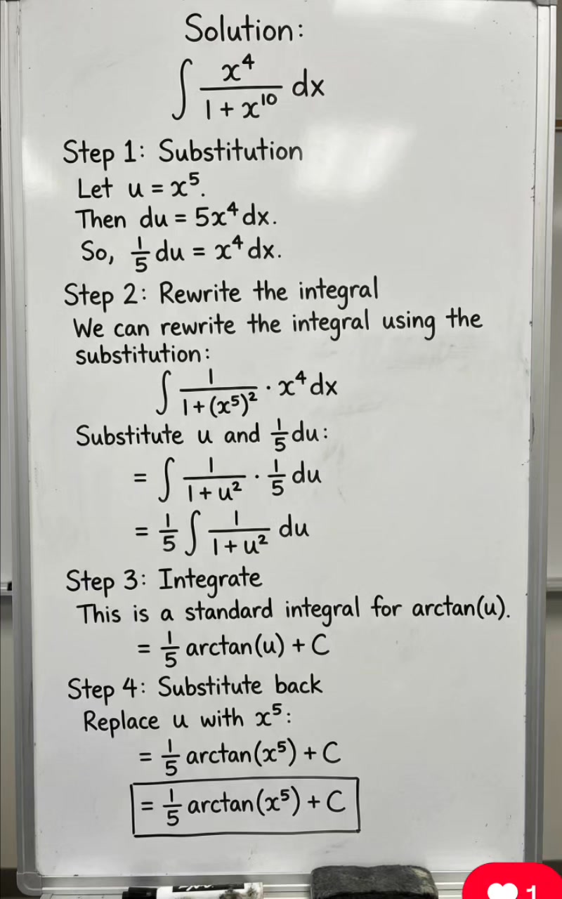 Integral: ∫ x⁴ / (1 + x¹⁰) dx 📗 Perfect substitution problem! Spotting ...