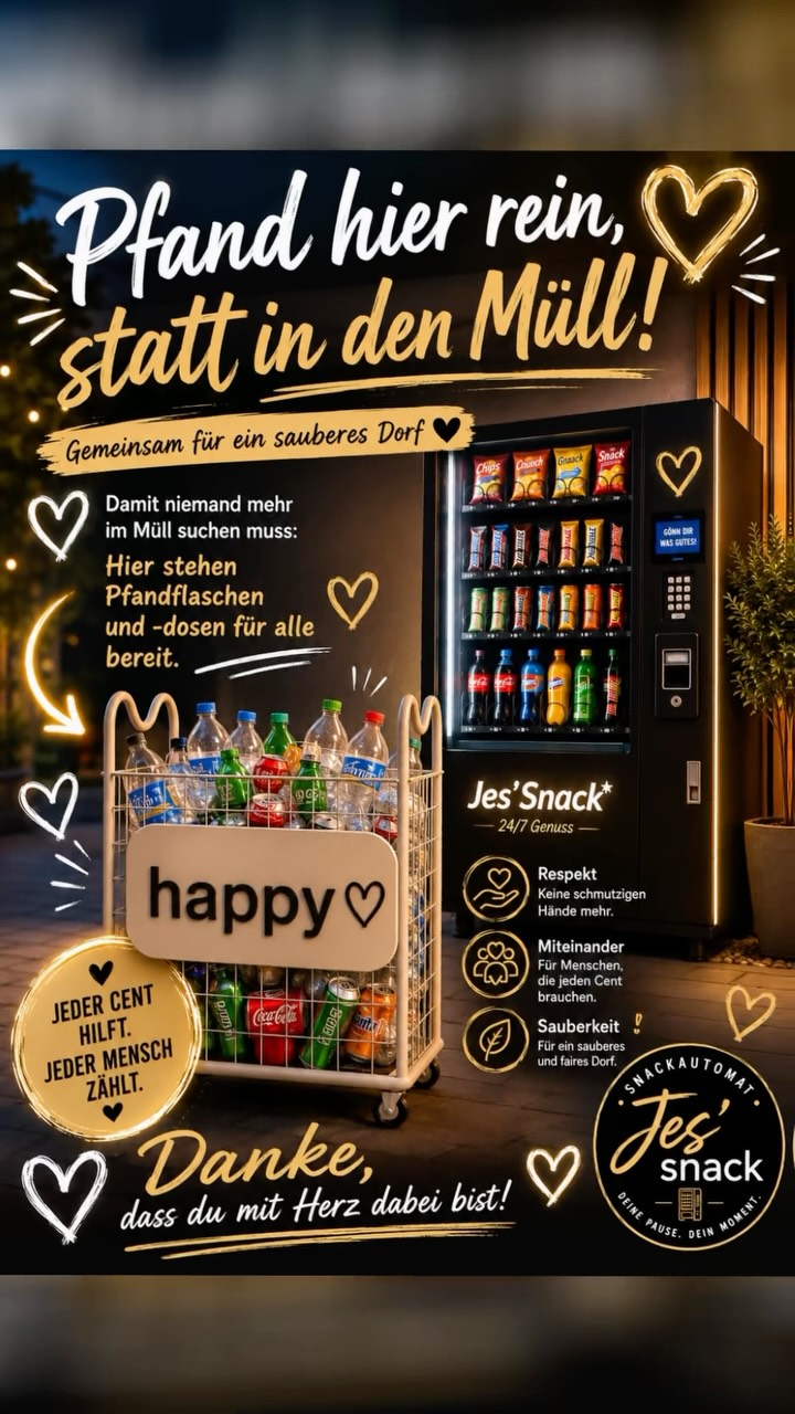 ♻️ Gemeinsam für ein sauberes & faires Dorf 🤝❤️, Ab sofort gibt es bei Jes’Snack unseren neuen Pfandkorb! 🥰, Die Idee dahinter ist ganz einfach:, Wer seinen Pfand nicht selbst braucht, kann seine