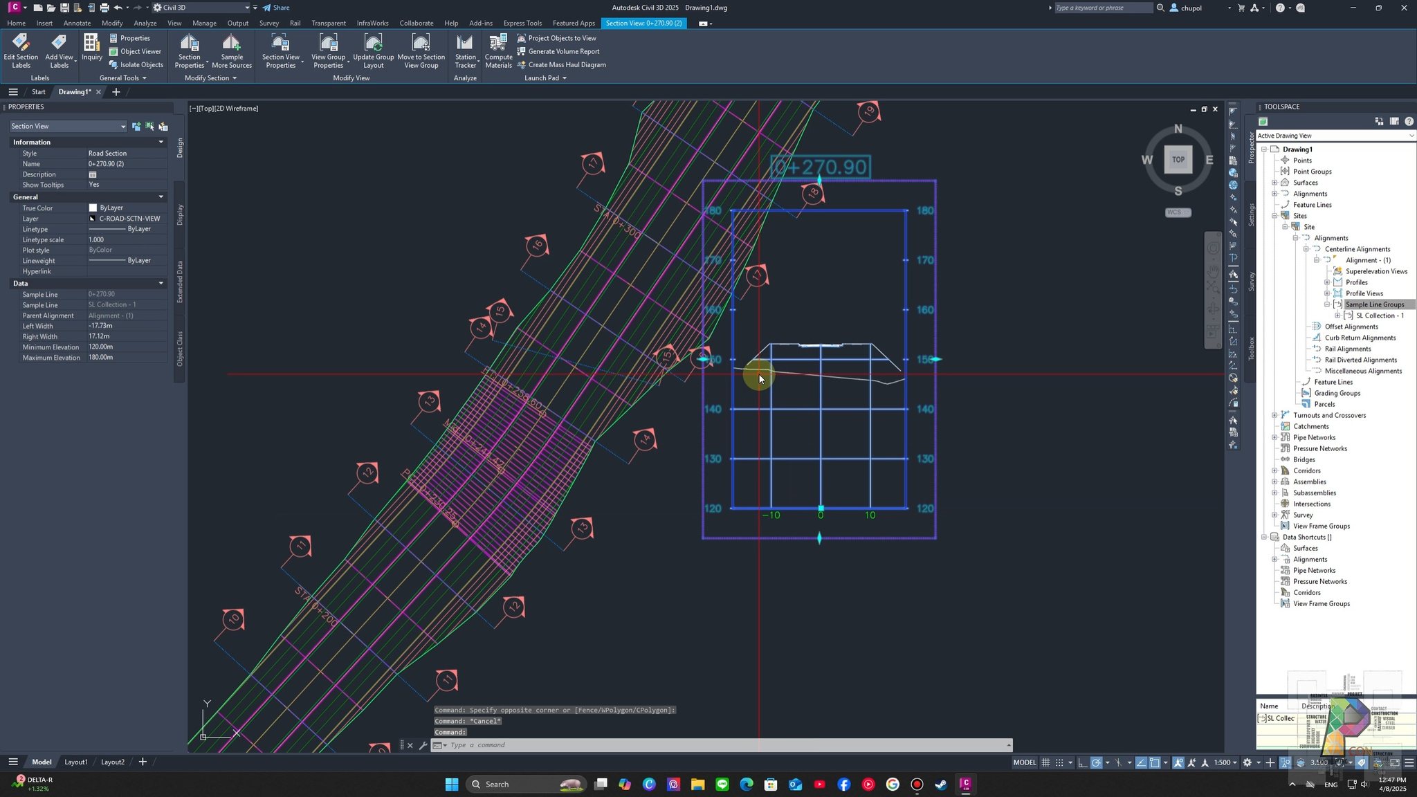 การสร้าง Cross Section แบบเอียงจากแนวเส้น Alignment ด้วยคำสั่ง Sample ...