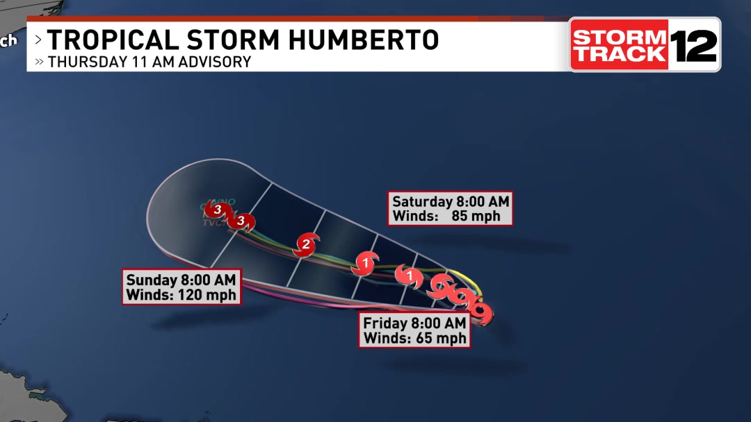 Here's the latest forecasted track of Humberto that we are tracking ...
