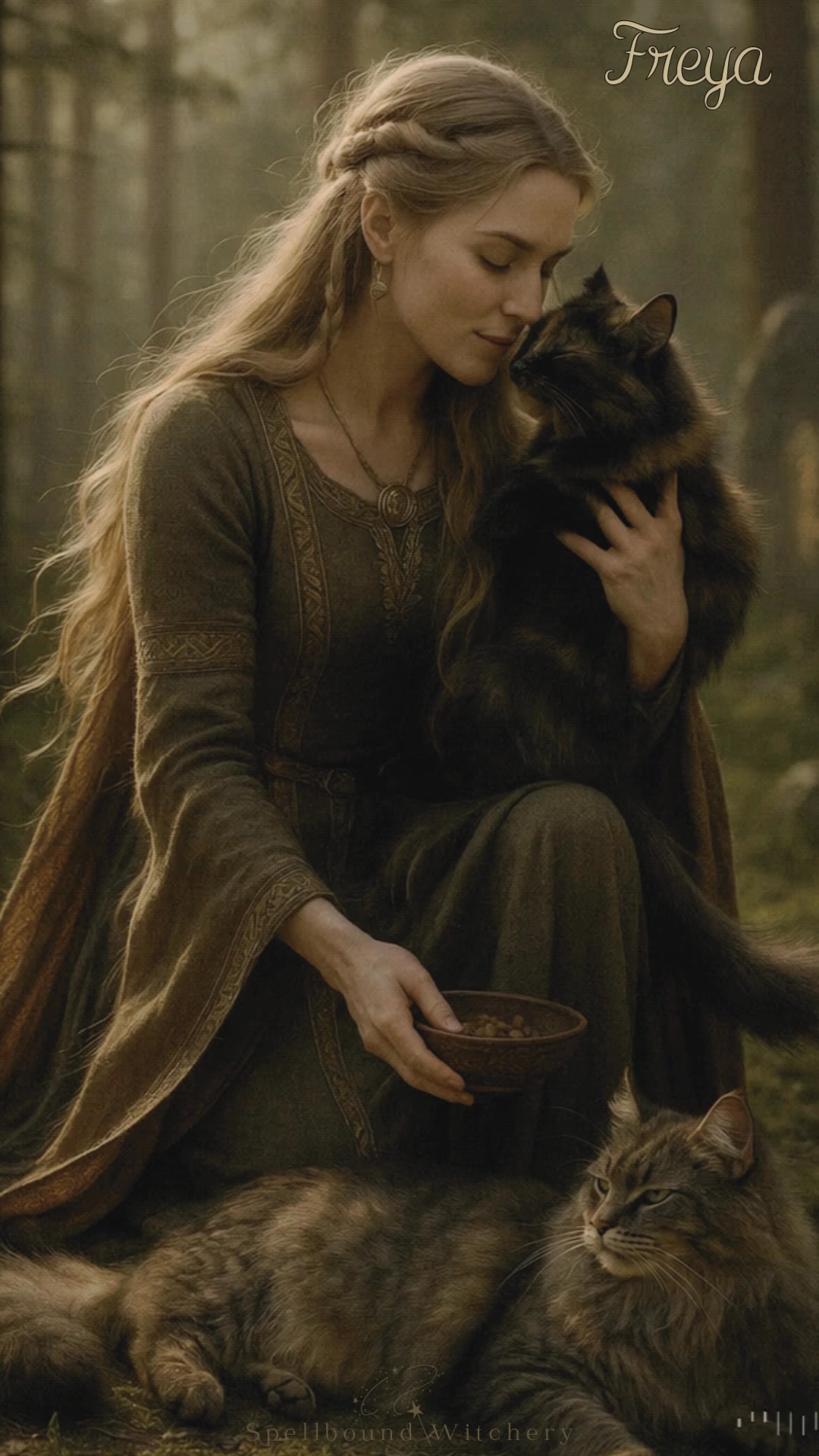 A cinematic scene of Freya, the Norse goddess, with long golden blonde ...