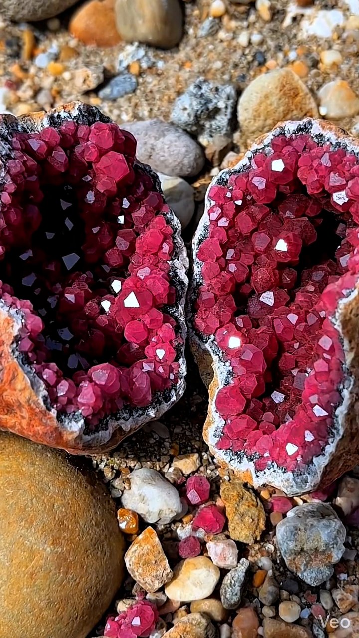 Vivid pink-red crystals contrasting sharply with the dark, bubbly ...