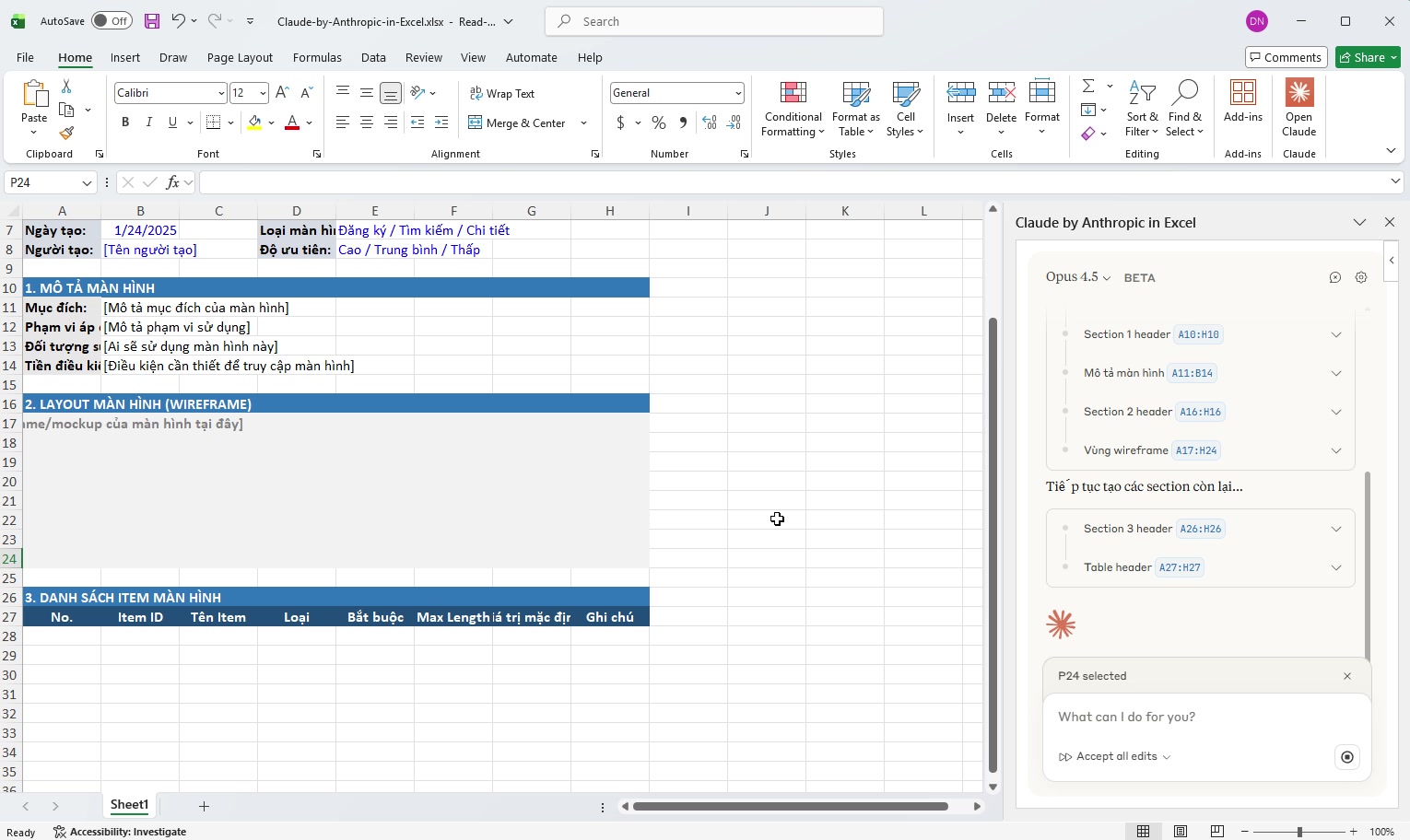 Claude in Excel Demo : tạo sample tài liệu thiết kế màn hình. Hiện giờ ...