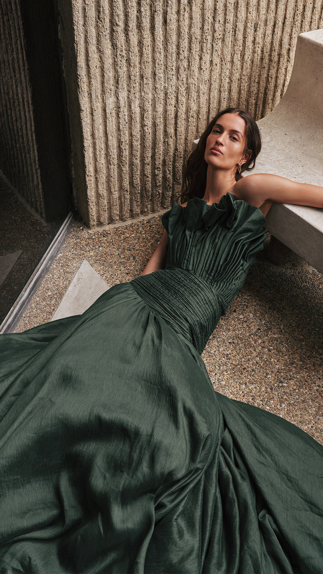aje emerald green dress New season silhouettes, fanning, folding and falling with elegant spirit. A celebration of design and Australian energy. Discover the Aquiline Gown, online and in boutiques now. | Aje faraway midi dress