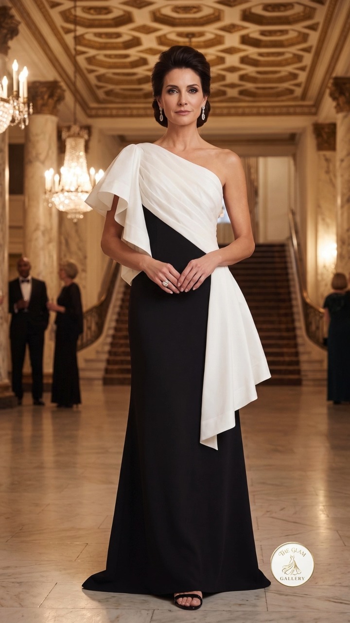 formal dress gallery Timeless Black and White One-Shoulder Mixed-Media Evening Gown formal dress with sequins