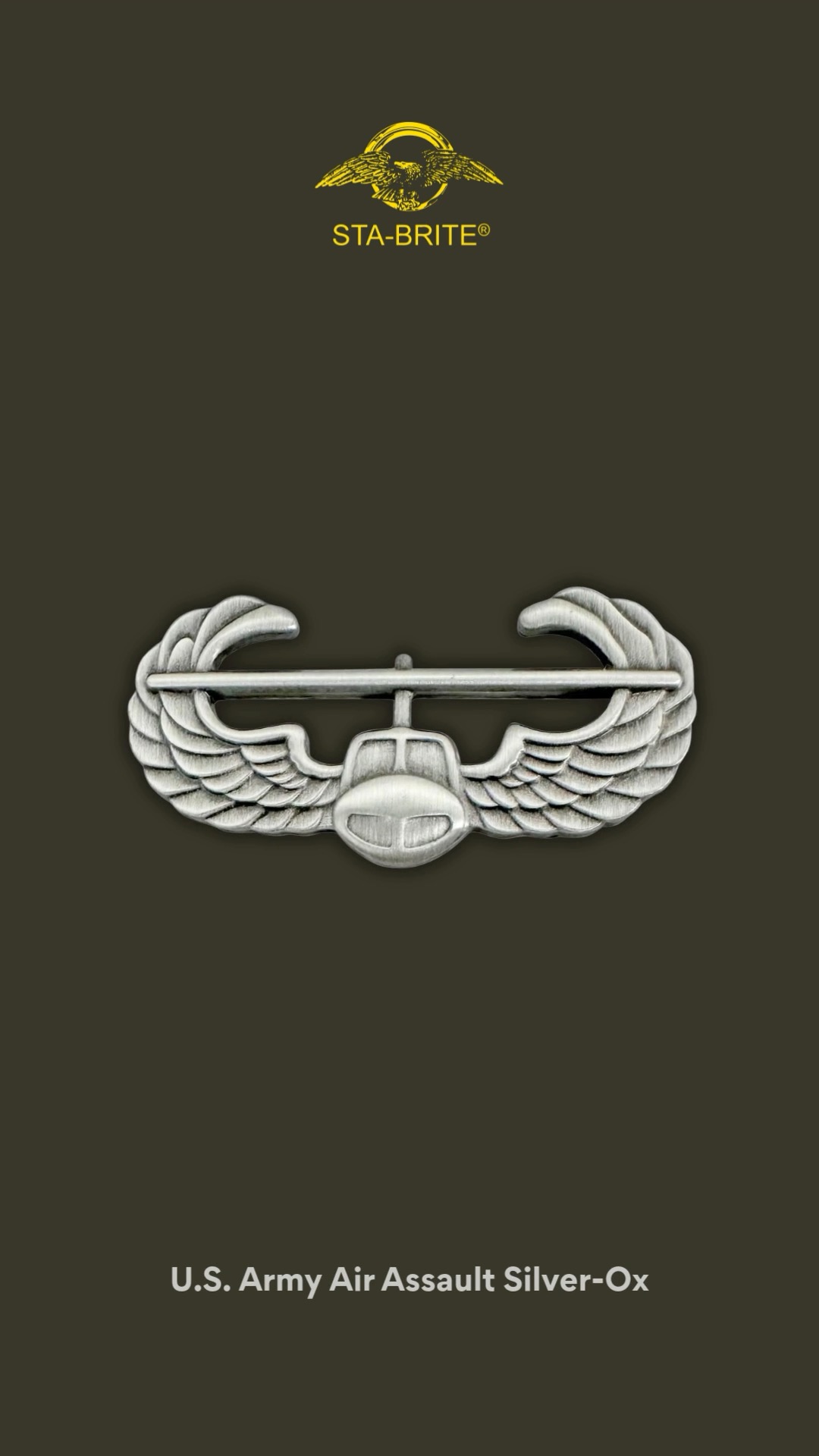 Built to regulation standards, this Air Assault badge represents the grit, discipline, and commitment it takes to earn it., Finished in classic oxidized silver, this U.S. Army Air Assault pin-on badge 
