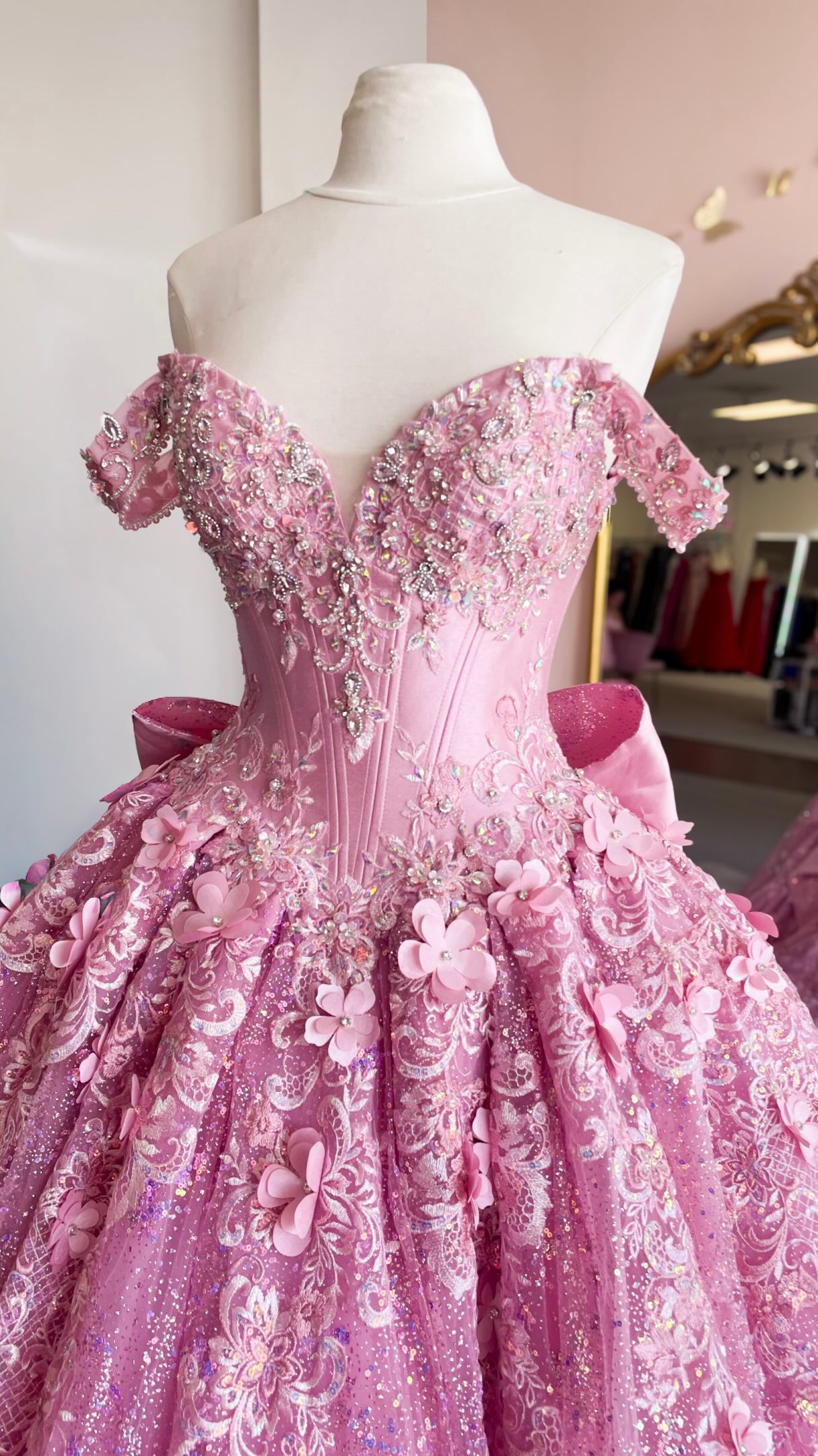 french novelty formal dresses This dreamy Quinceañera dress has it all 👑✨, 🎀 Oversized bow, 💎 Sparkle & diamonds, 💐Floral appliqués , 🤍 Pearl details, 👑 Dramatic train, 💗 The perfect shade of pink, A true princess moment from bridesmaid dresses customize options