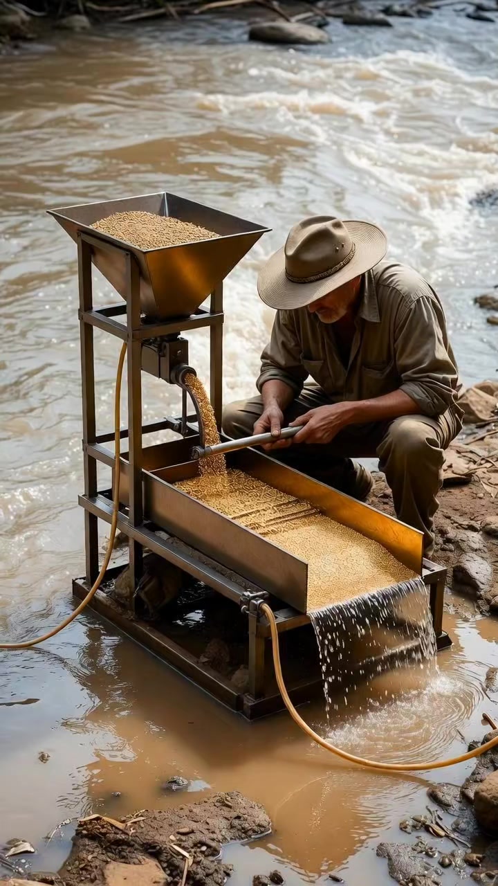 “In this video, a man is carefully extracting gold from the river using ...