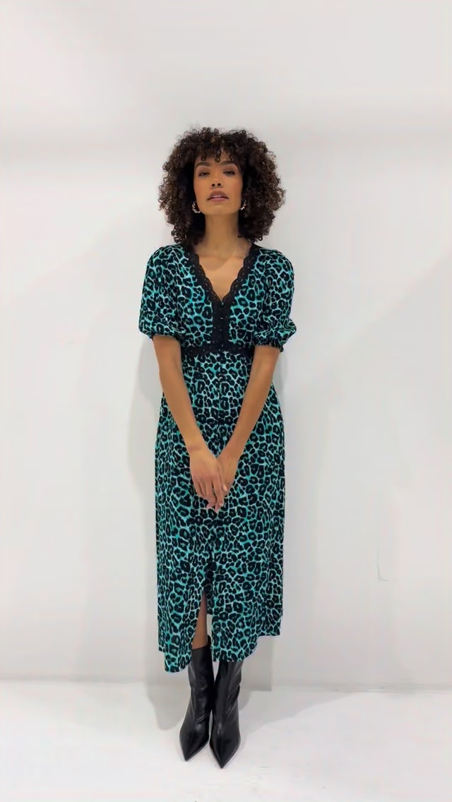 green jaguar dress Midi dresses and boots, you will always be famous... Meet our new Lace Trim Puff Sleeve Midi Tea now in 🐆💚, Model is a size 10 and wears a size 10. | Scamp & Dude LowStock:44095974047795