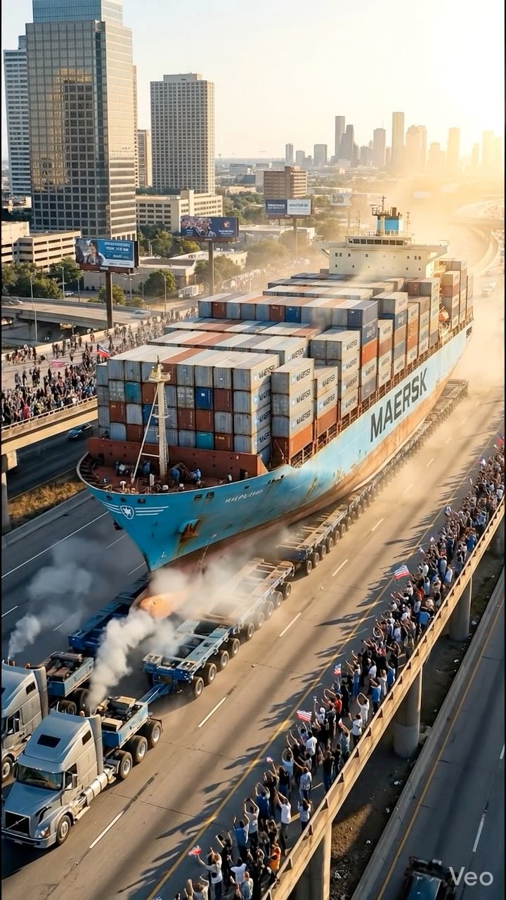 That iconic Maersk blue looks unreal on the highway! 🚢🔵The Triple-E ...