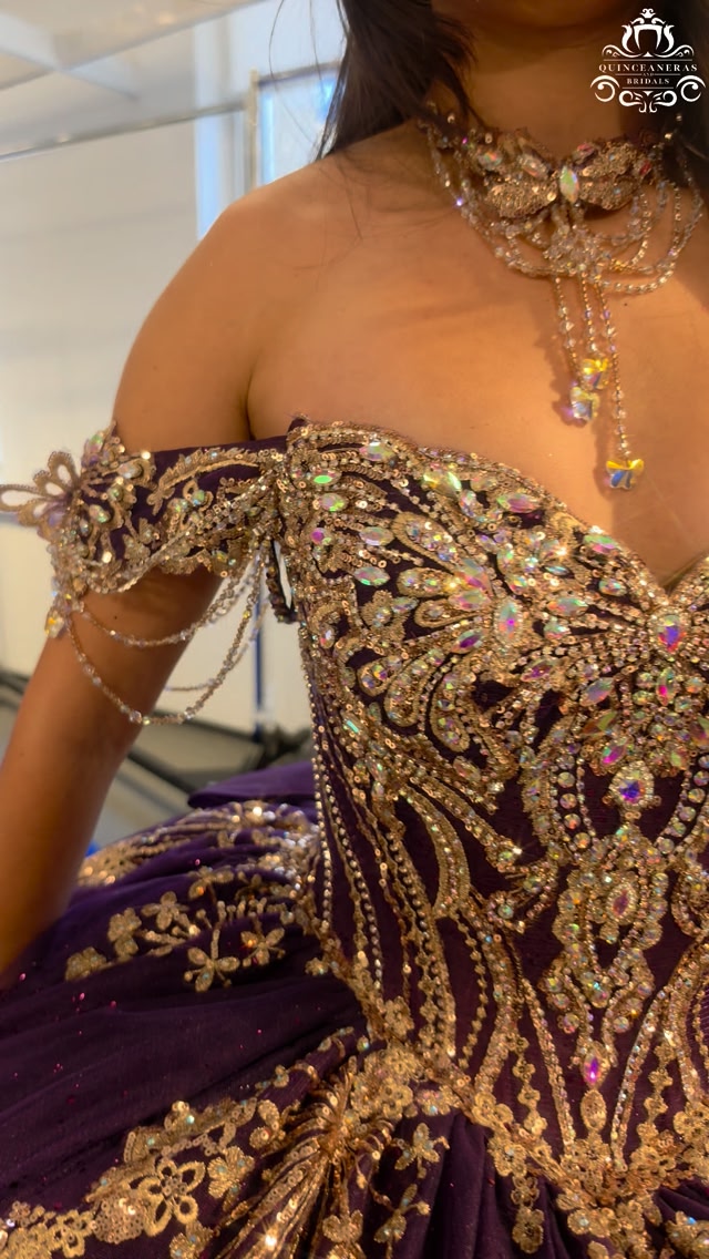 Beautiful new color release for Spring 27! Glamorous purple and gold. 💜💛💜💛, Subtle butterfly pattern hidden throughout the ornate embroidery. Deep purple provides the perfect rich backdrop for a 