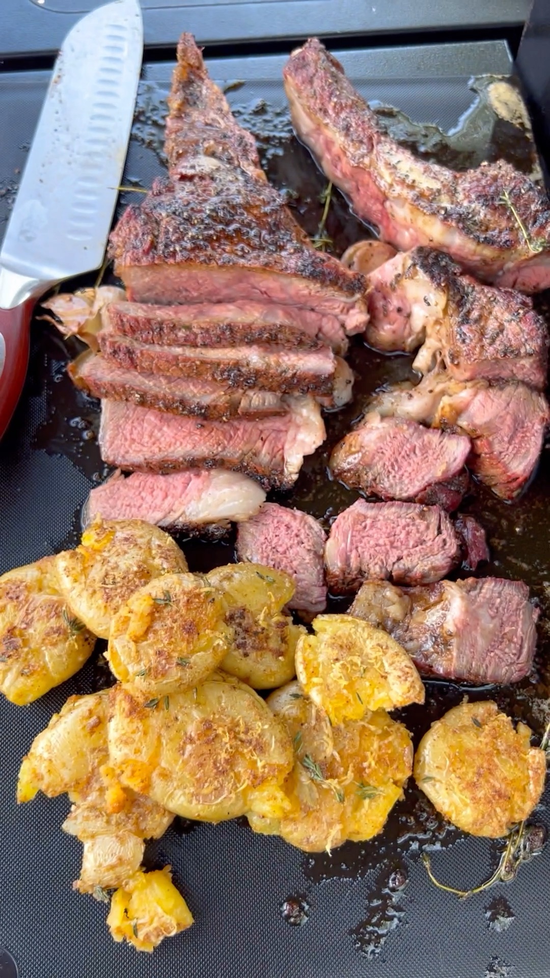 Smoked cowboy steak and smashed potatoes Smoked cowboy steak and