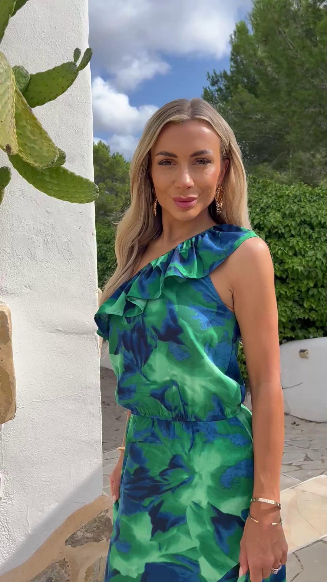 green and blue abstract dress Your favourite print, in a brand new shape 💚, Shop the look 'Green Print One Shoulder Frill Midi Dress' | AX Paris Do Not Bleach shoppingads High Couture HC1018 Long Collection:Island Goddess - Jungle