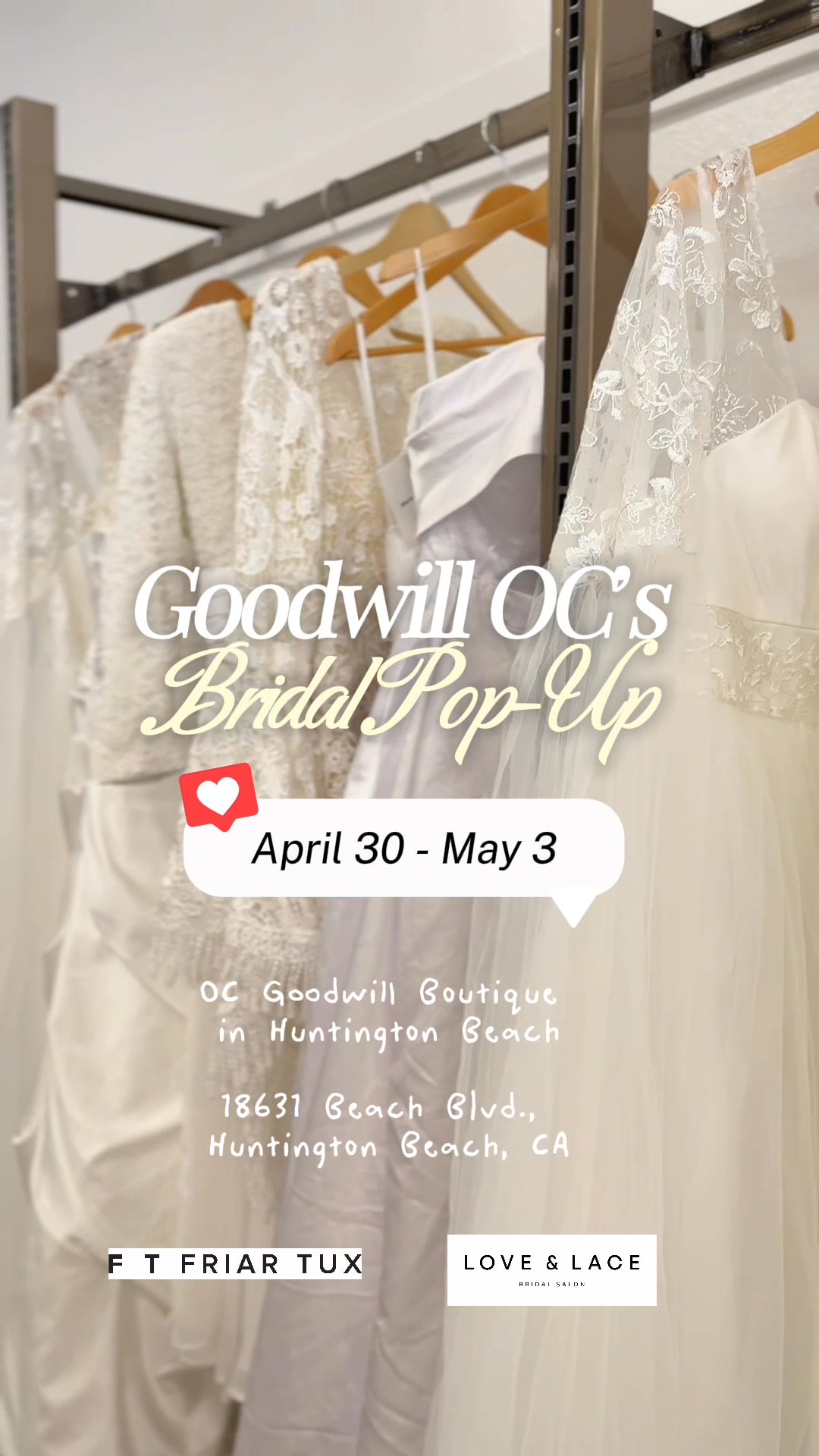 THIS WEEK 🤍 Our Bridal Pop-Up returns April 30–May 3 at the newly refreshed OC Goodwill Boutique in Huntington Beach. , Shop a curated collection of beautiful gowns and tuxes, generously donated by 