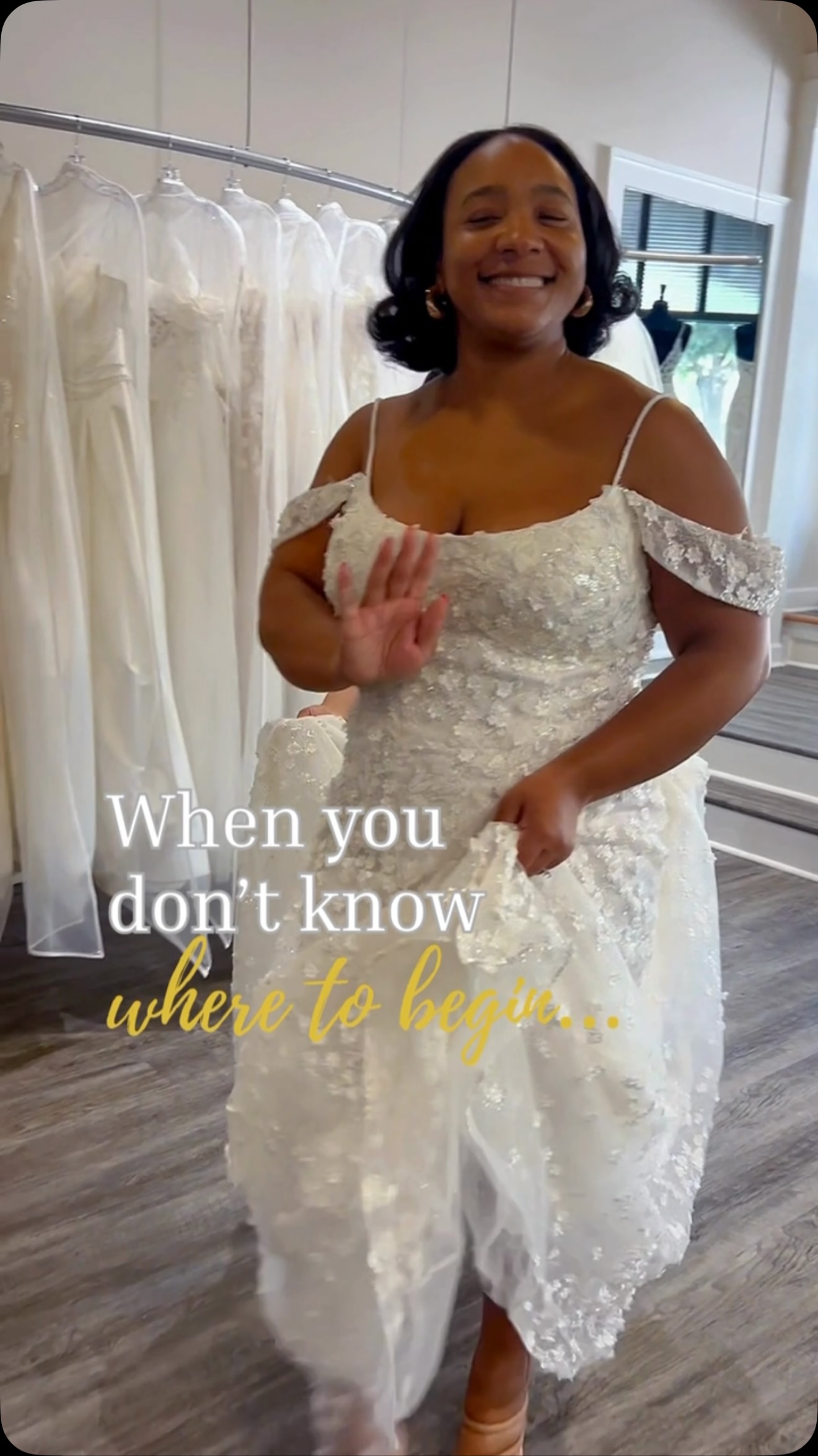 When you don’t have it all figured out, you don’t have to. 🤍, You may not know which silhouette will flatter you most., You may not know whether you’ll love lace or something simple., You may not even 
