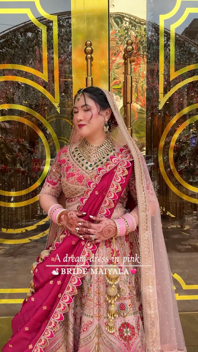 pink dress green jewellery Bride Maiyala in a stunning ensemble, paired with regal that adds the perfect contrast 💖✨, Flawless radiant base, softly defined eyes, and a fresh | Brush Up by Sky Bateau Neck