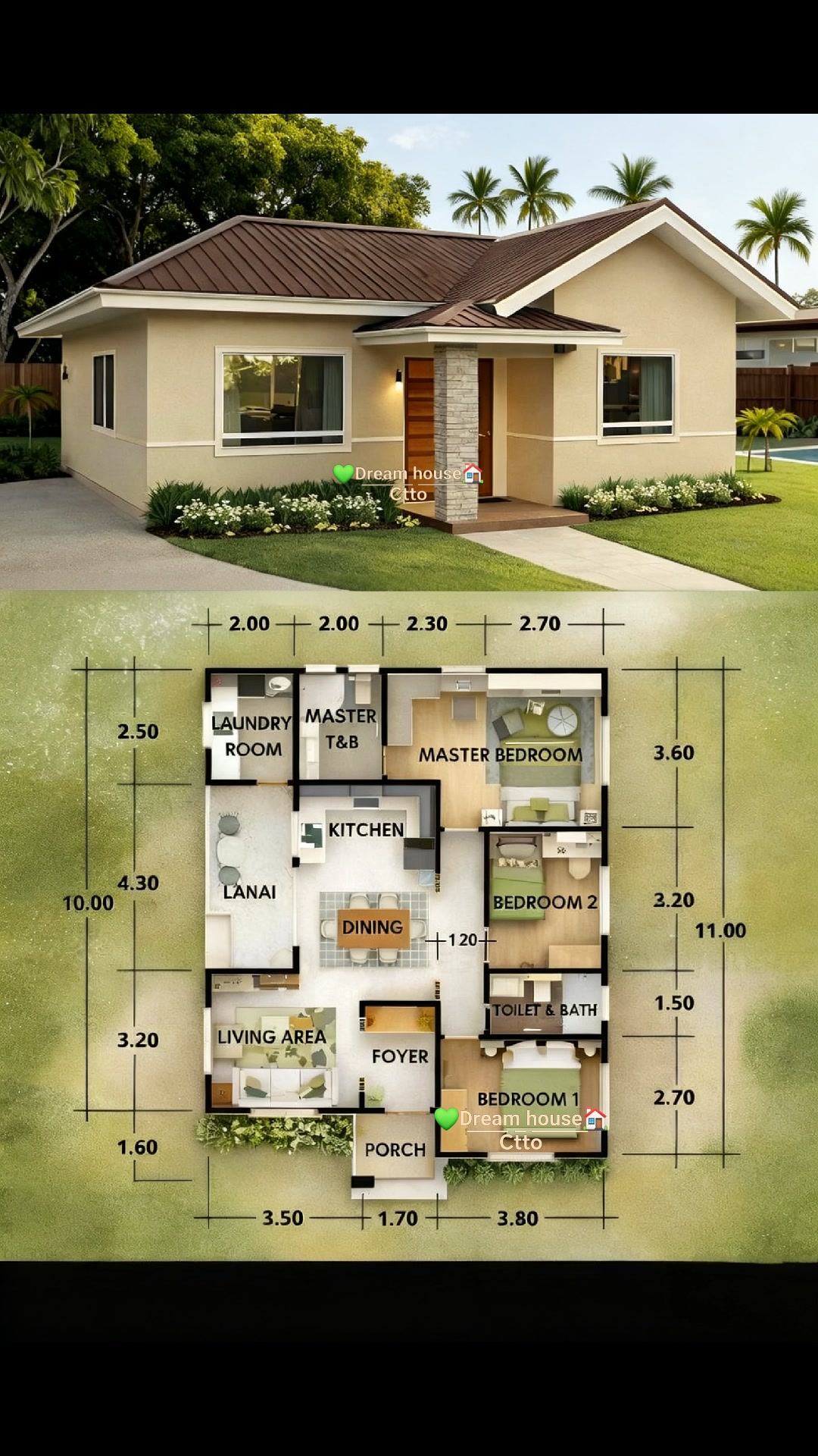 🌿A practical 3-bedroom layout with an open living, dining, and kitchen ...