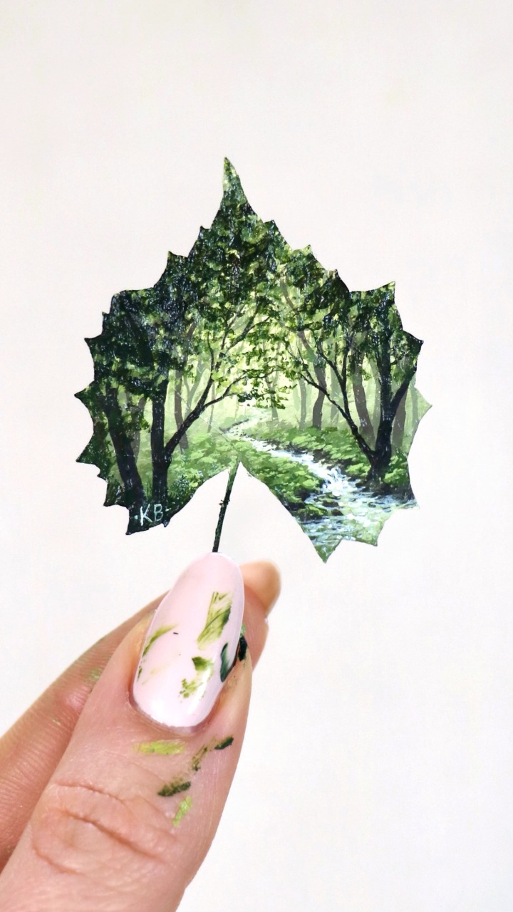 “Streamside” - Painted on a (tiny) preserved wild grape leaf! It had ...
