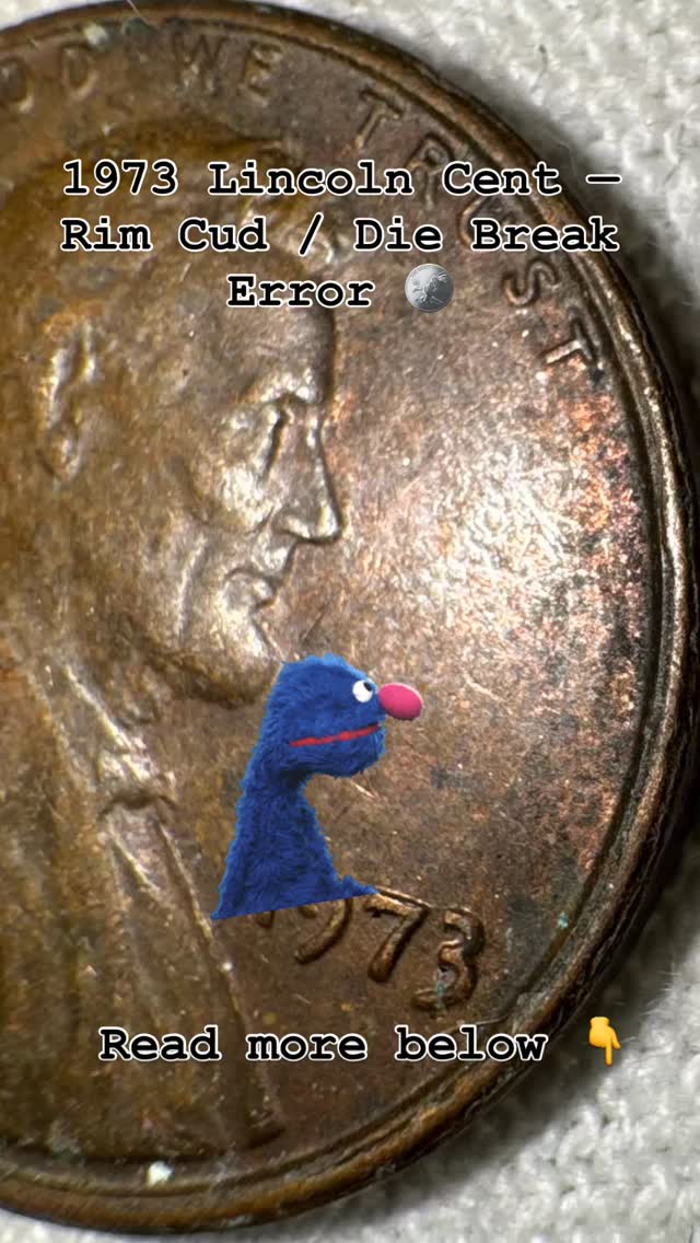 1973 Lincoln Cent — Rim Cud / Die Break Error 🪙 This 1973 penny shows a ...