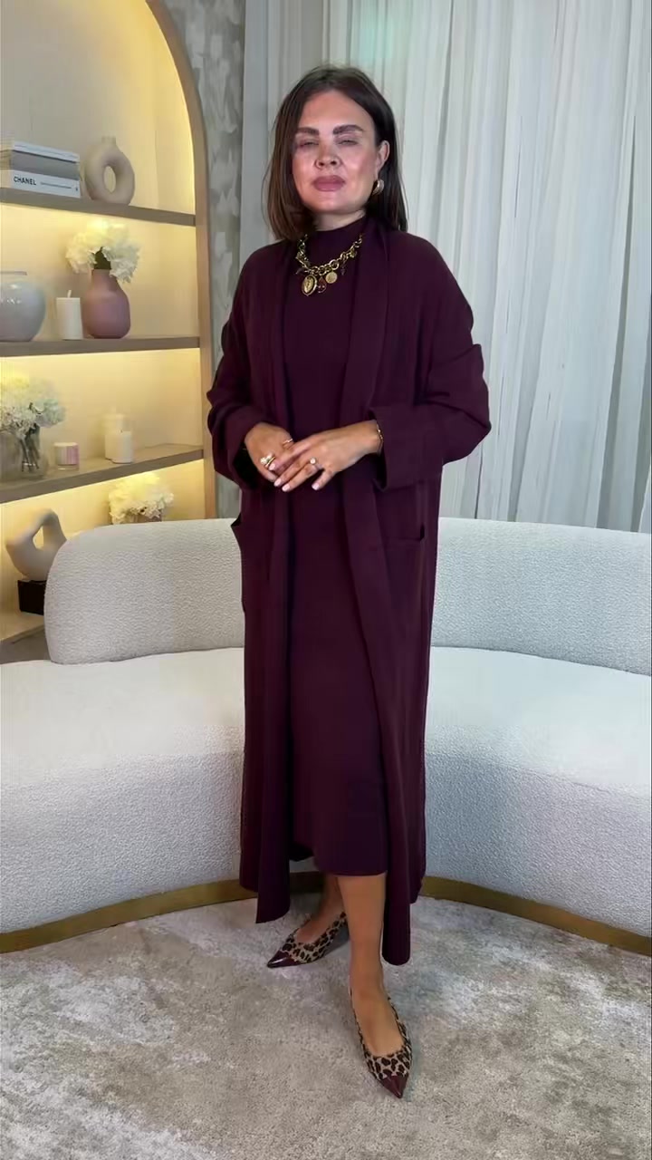 knit dress with matching cardigan Effortless elegance, wrapped in wine. 🍷✨, This stunning and set is one of those outfits you can slip on and feel instantly polished., The quality is next level and the Shape A