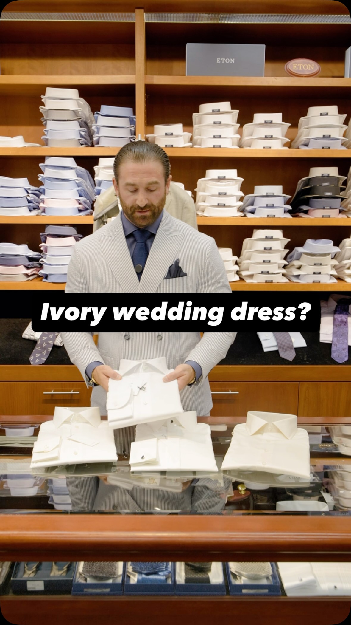 ivory dress with white groom shirt Wedding style tip! If your bride is wearing an or off-white dress, don’t automatically reach for a stark shirt. The contrast can actually make her look less flattering in photos., Category_Cocktail Dresses