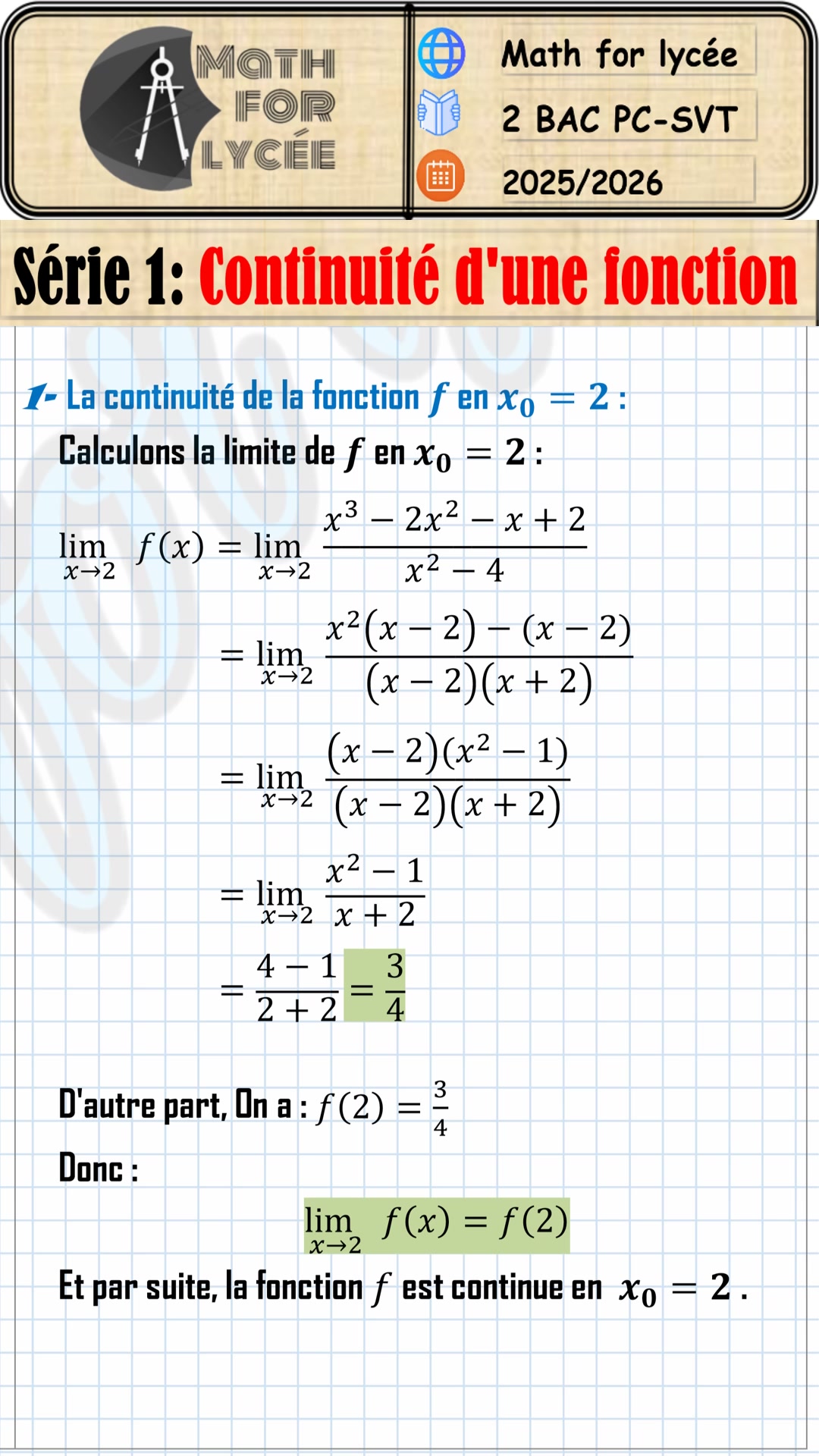 Exercice 1 de la série 1: continuité d'une fonction numérique pour les ...