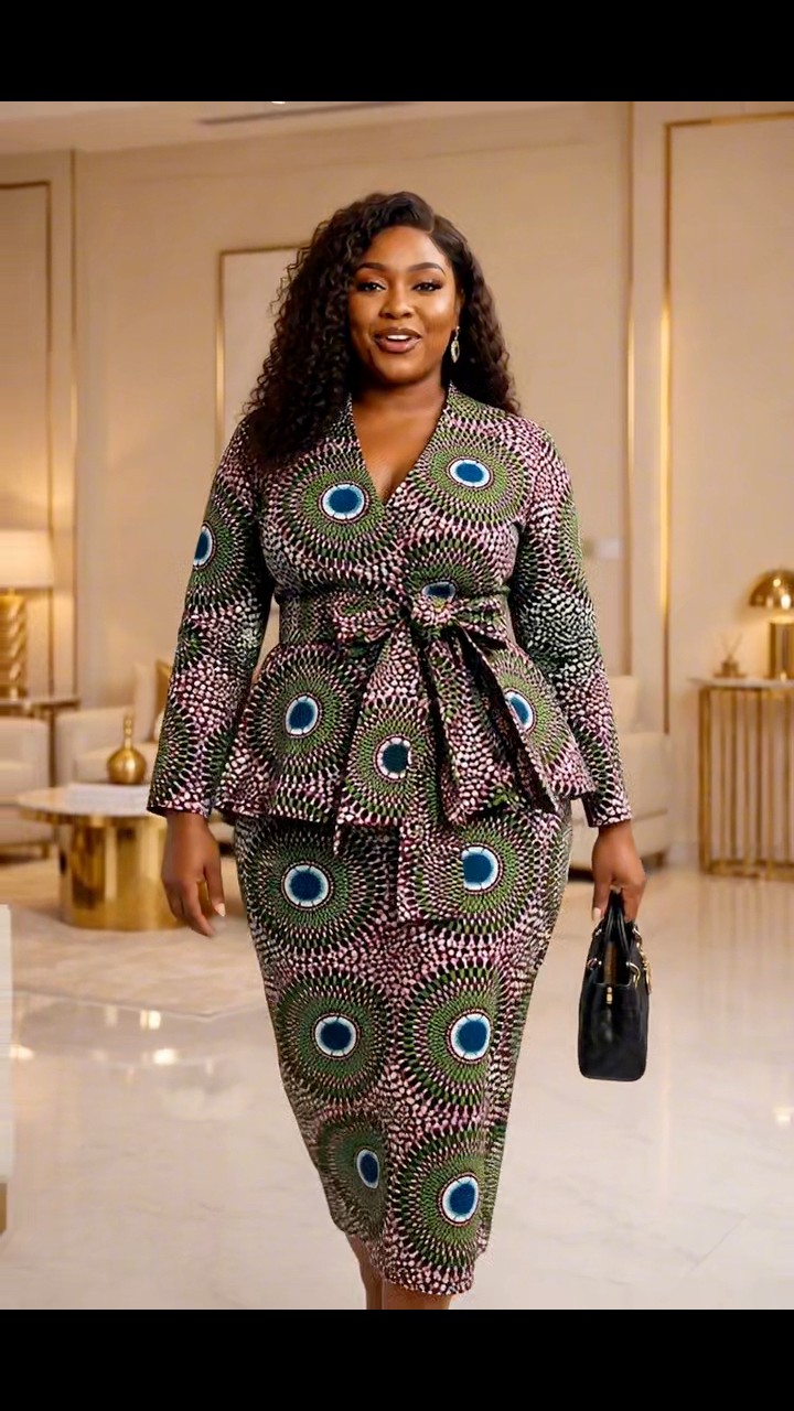 Confidence looks beautiful in Ankara! 💚✨, This elegant plus-size skirt and blouse set is designed to flatter every curve while keeping you stylish for any occasion. Which detail do you love most—the 