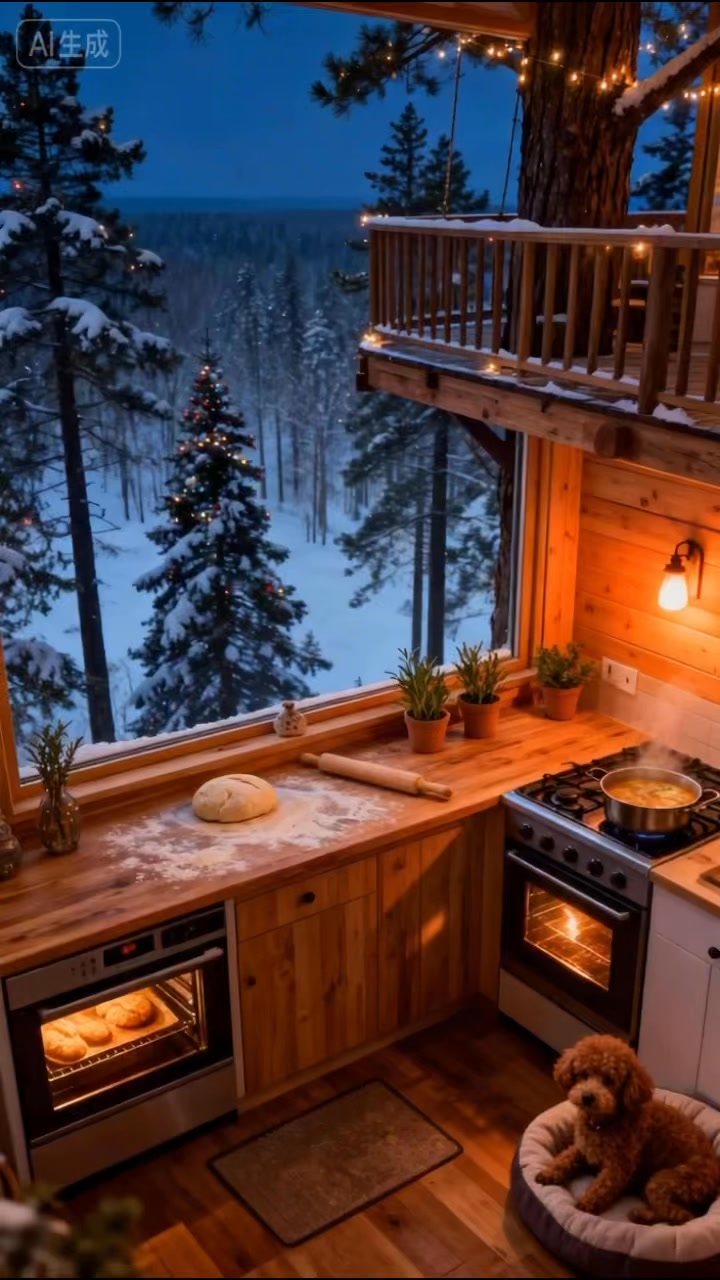 A quiet Christmas night in a treehouse kitchen high above a snow ...