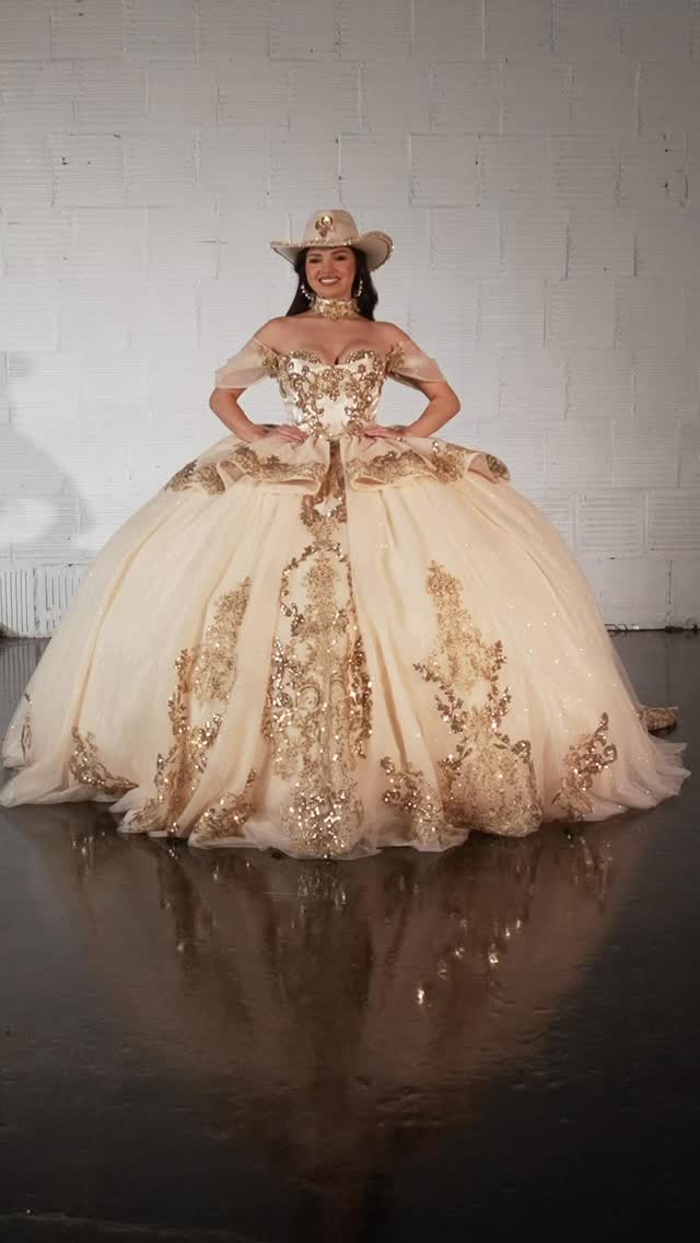 solid gold dress Rachel Allan Quinceanera RQ3175 Showcase notes-Preorder-Now-Arrives-Early-November