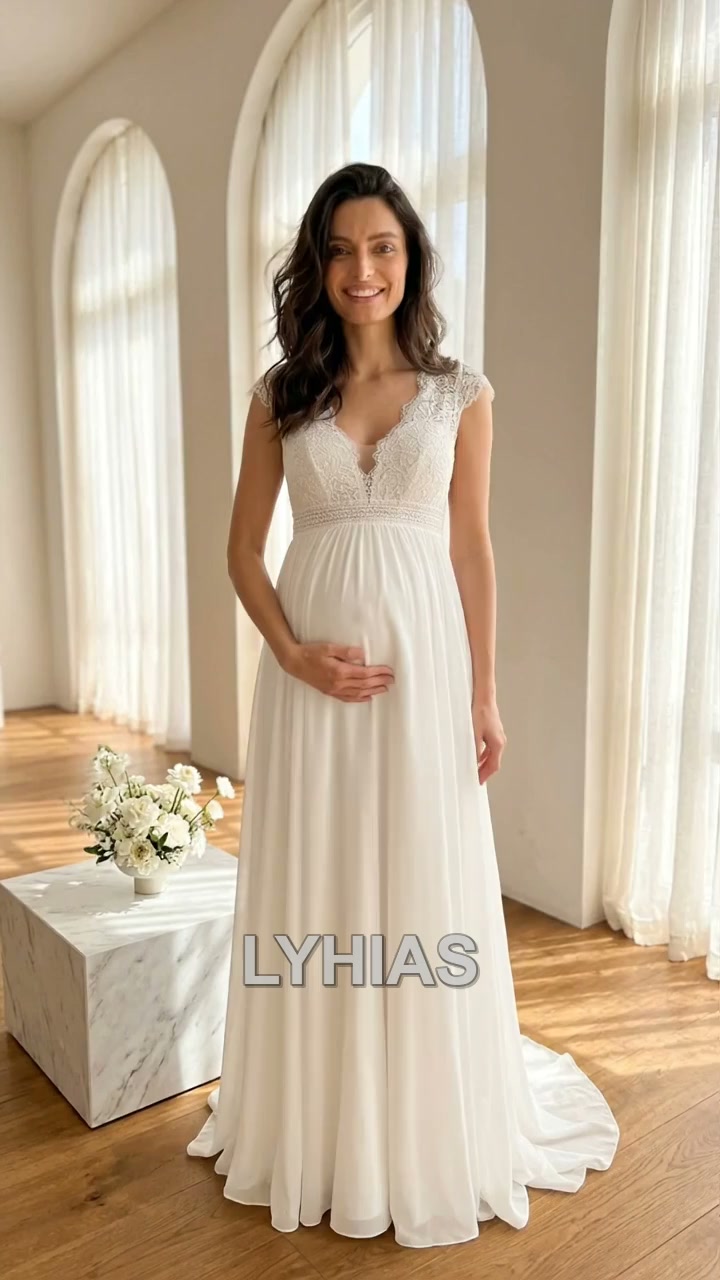 chiffon maternity wedding dress A designed to celebrate both you and the beautiful new chapter you’re beginning. 🤍, This bridal gown features a flowing A-line silhouette, an elegant V-neckline, delicate lace Made in a wide PAULA & RAIFORD'S DISCO NPU-JOY-202306 Size:US 22W boho maternity wedding dress