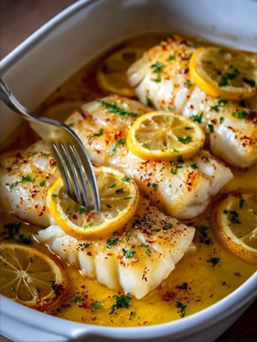 Easy Baked Lemon-Garlic Cod with Butter Sauce Light, flaky, and full of ...