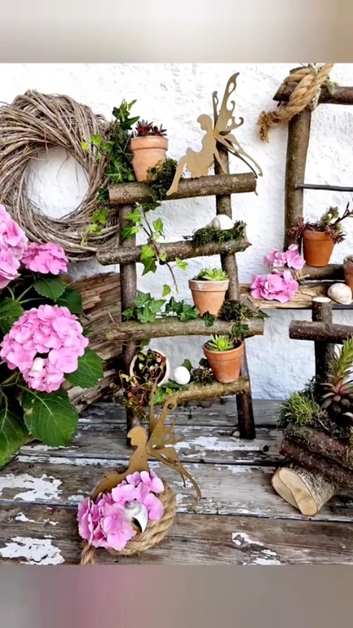 Diy- Holzleiter einfach selbst gemacht🌸🌿🌸, Hallo liebe Dekoelfen🧚‍♂️, Einfacher geht es nicht zwei lange Holzstäbe und vier kurze.. fertig ist eine Dekoleiter👍, Ob als Garten Deko oder im Innenbereich