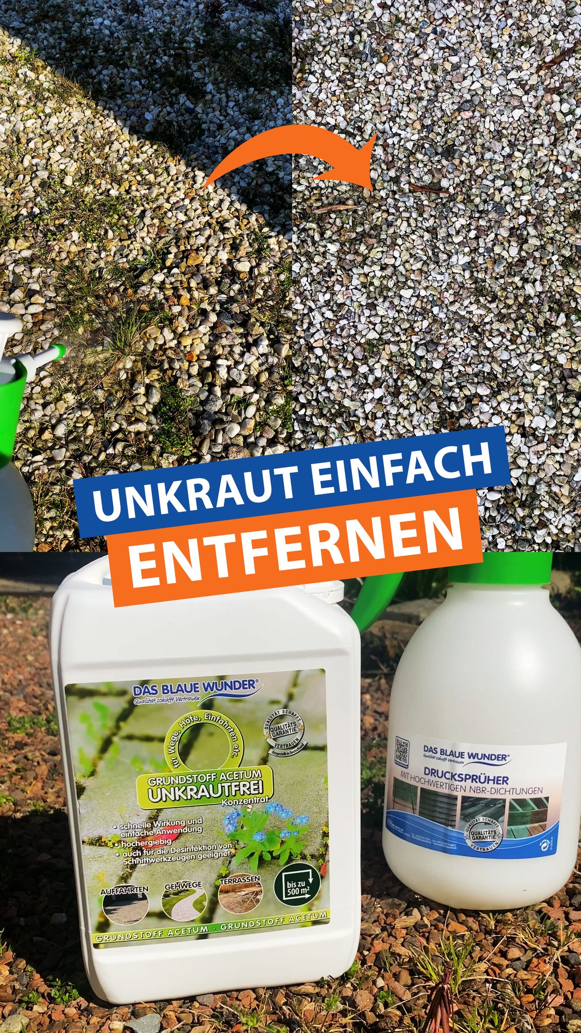 So wendet ihr das Unkrautfrei Konzentrat richtig an ✅, Einfach 600 ml des Konzentrat mit 400 ml Wasser verdünnen und in eine Sprühflasche oder Gartenspritze füllen, danach das Unkraut auf Wegen,