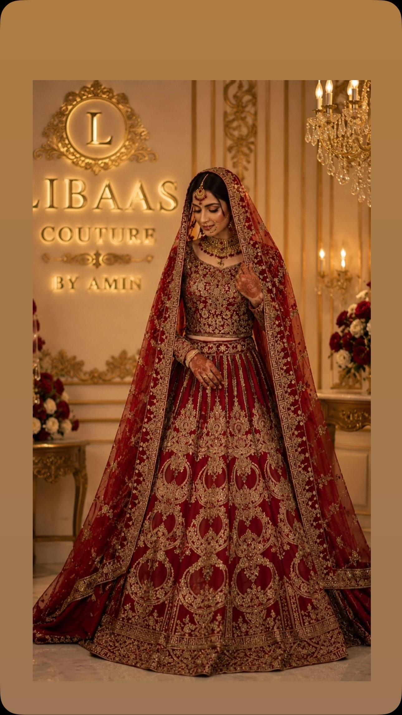 golden bridal dress with red dupatta A timeless masterpiece by Libaas Couture by Amin ✨, Rich deep maroon beautifully paired luxurious antique-gold embroidery, intricate zardosi detailing, and a regal bridal dupatta. Every Overskirt
