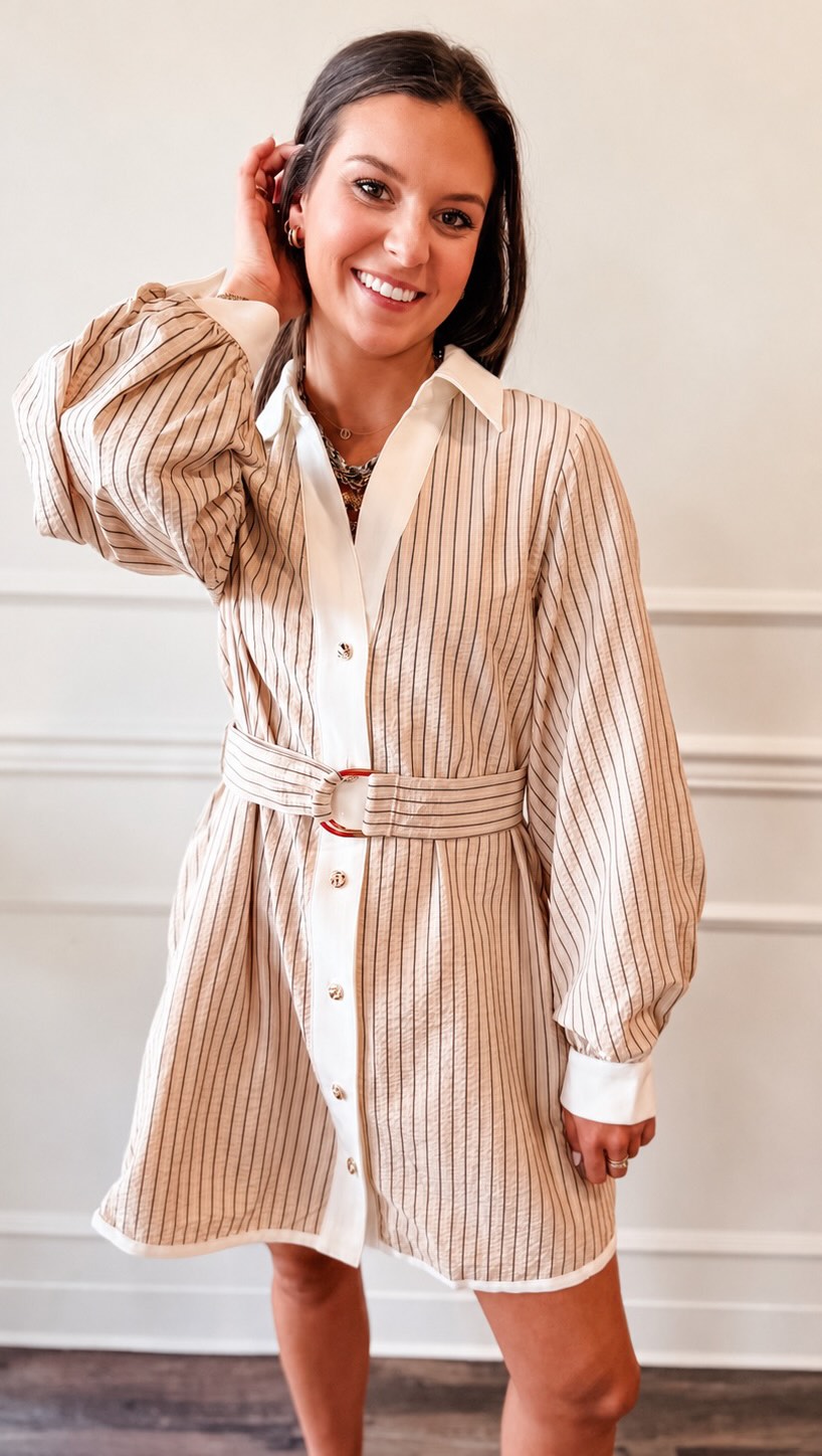 dresses with gold hardware It’s all in the details ✨, The subtle stripe, hardware, contrast trim + belted waist give this one that polished fall feel — while still being light enough to wear right now. 🤎, One of those Midi dress