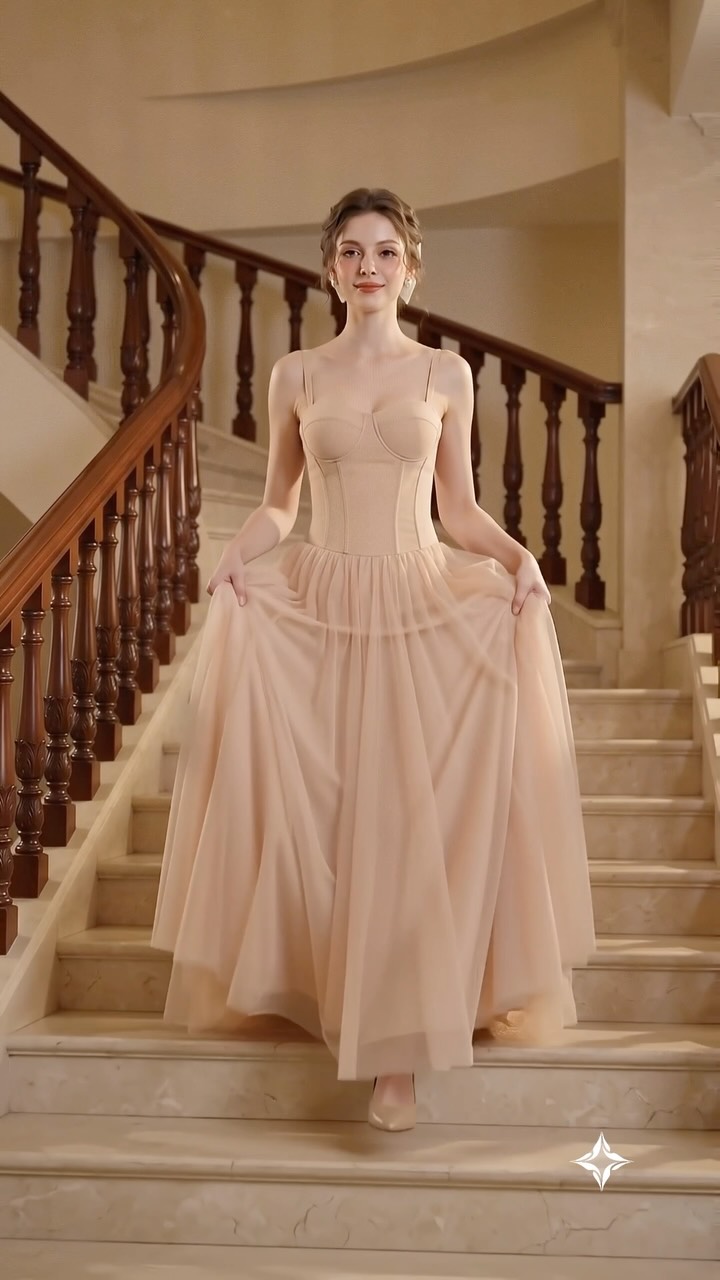 The Helia Apricot Tulle Corset Dress embodies modern romance with a beautifully sculpted corset bodice and an ethereal multi-layer tulle skirt designed to float with every movement. Featuring built-in 