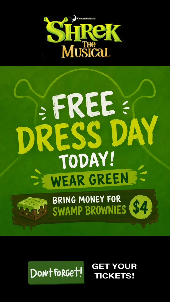 don't wear green in your dressing room today + $ gold coin donation. Students are invited to wear sun-safe green clothing and bring along a gold coin donation. , Today, Thursday 6 August is a fun Shrek Jr. fundraiser. Students Fashion