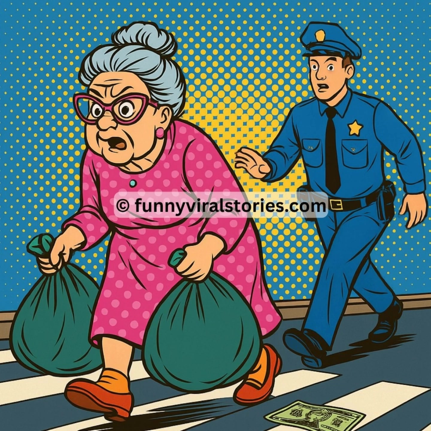 A little old lady was walking down the street dragging two large ...