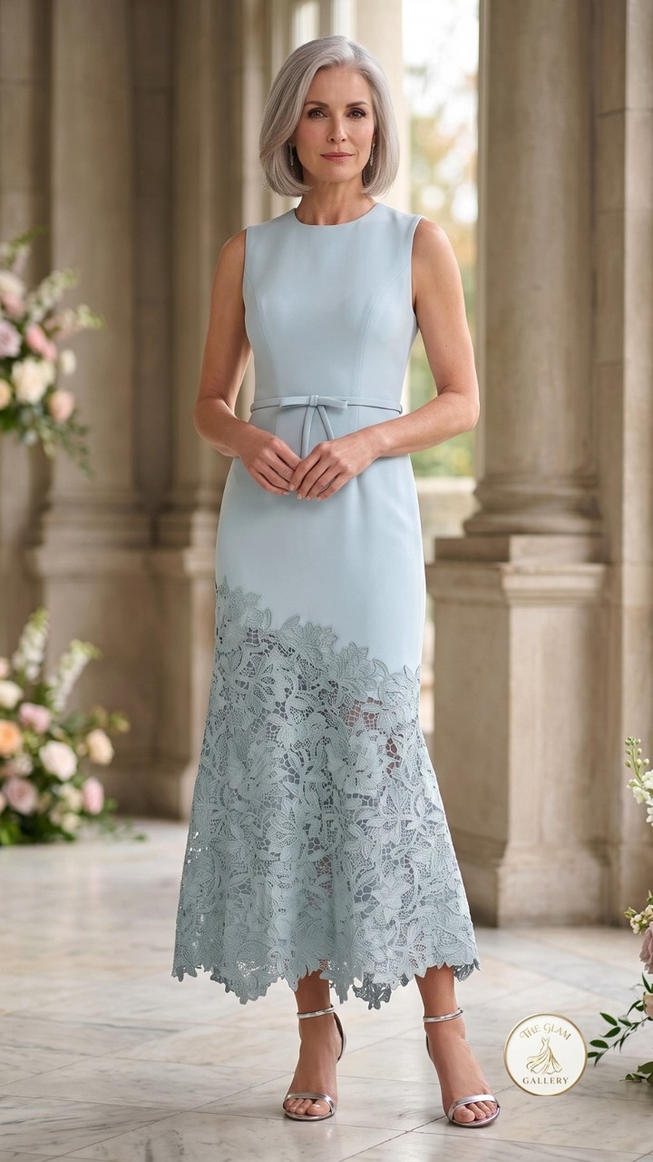 Elegance that speaks for itself. ✨, Step out in timeless grace with our powder blue midi dress, featuring intricate lace detailing along the hem and a delicate bow-tied waist. Designed for refined 