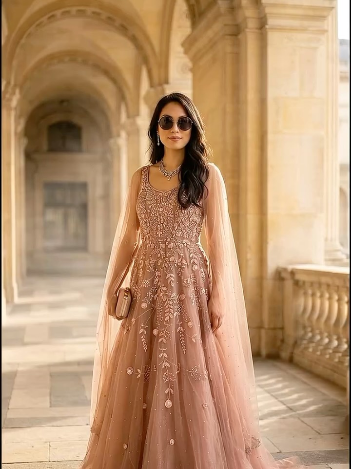 light rose gold dress gold, blush, and soft evening light. 🌸 A tulle gown in dusty rose — a delicately embellished bodice, floral thread work flowing down the skirt, and a sheer drape trailing from elegant rose gold dress