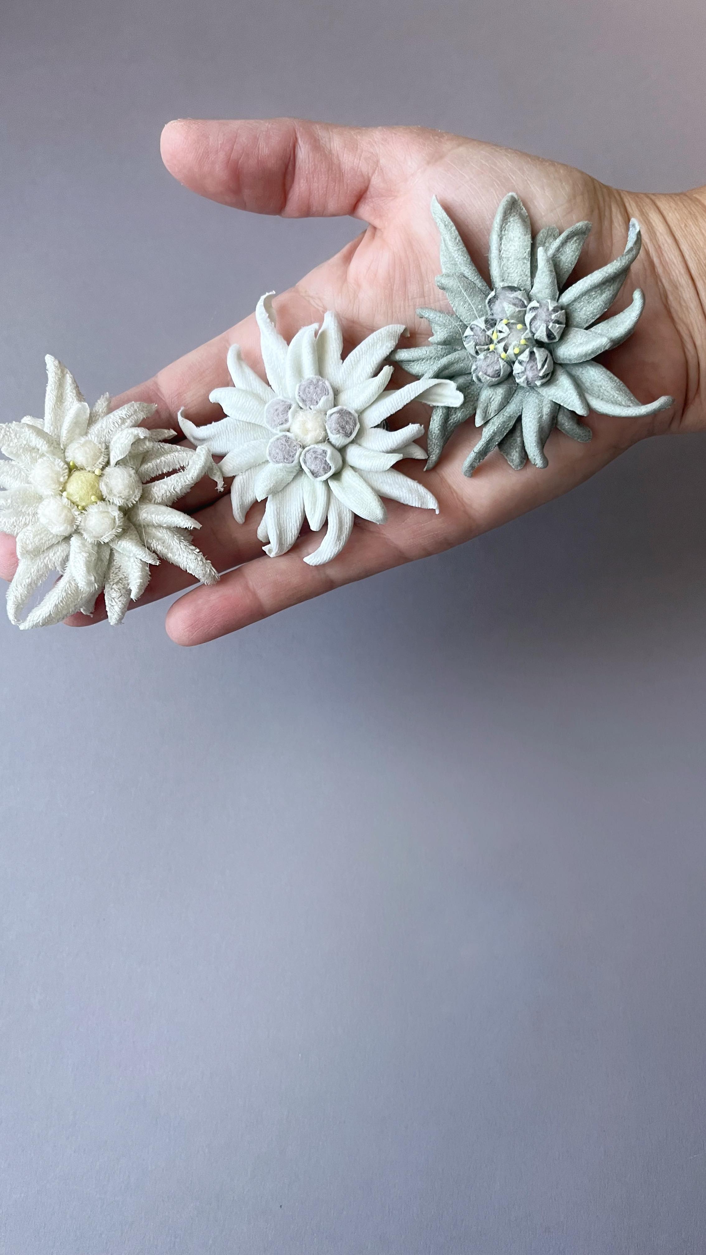 Edelweiße: so einzigartig, so unterschiedlich, so elegant und geheimnisvoll., Welches ist deins?, #samt #seide #leder #blume #blumenbrosche #edelweiss #lederblumen #samtblüte #seidenblume