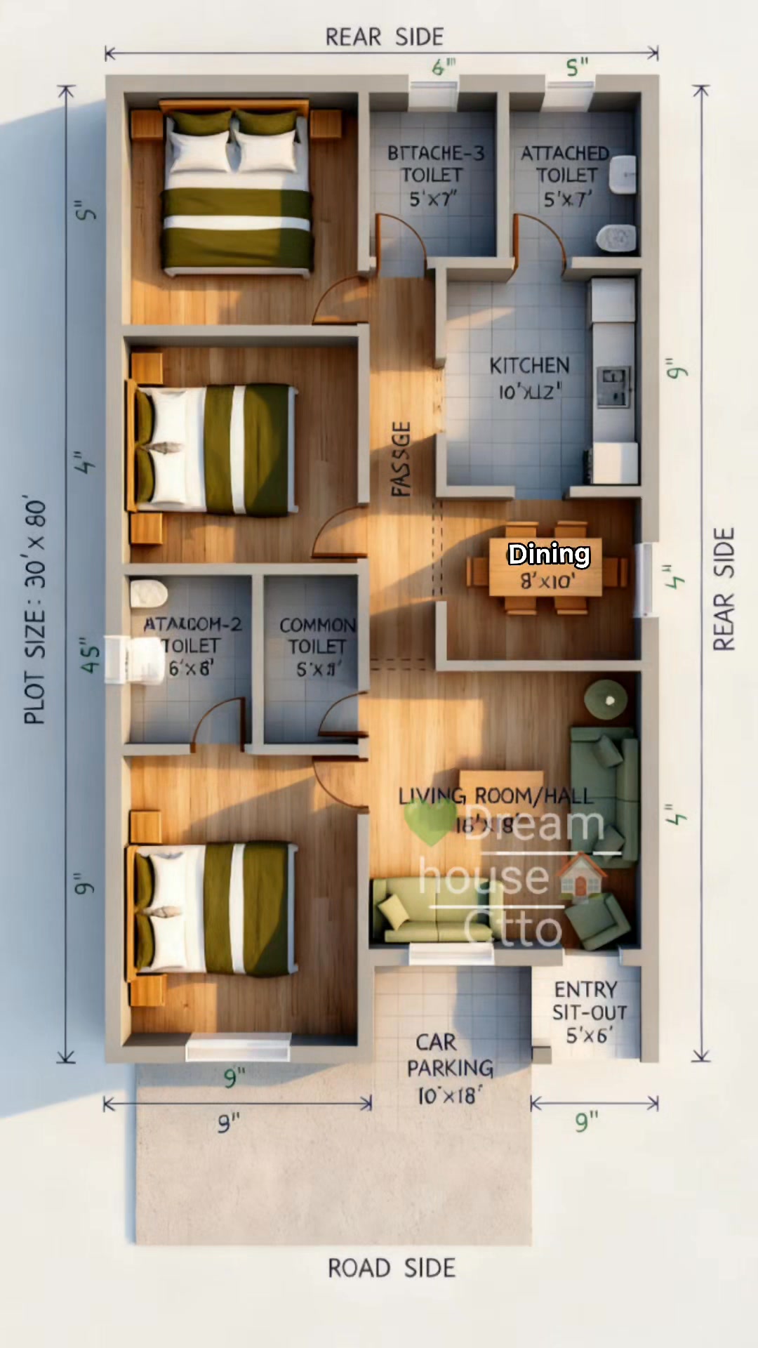 🌿 A practical 3-bedroom layout with a central living hall, dedicated ...