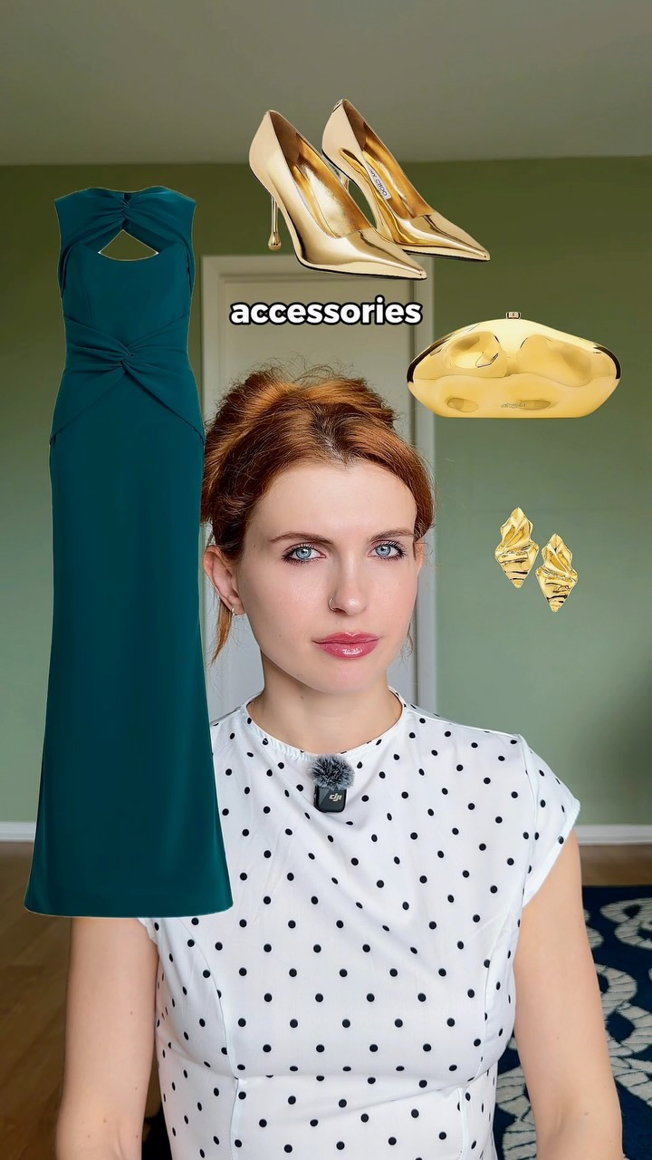 accessories to go with emerald green dress accessory color ideas save💯 Save this for later and follow for more styling tips✨ #dressstyling #accessorystyling #colorpairing #eveninggown #stylingtips size:24M Jewellery combination Cut Tibi Sabine Floral One-Shoulder
