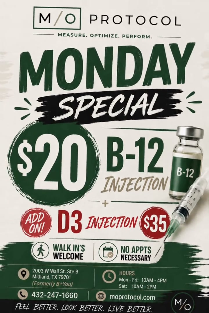 b12 & b-well injections forney tx 💉 MONDAY SPECIAL at M/O Protocol!, Start your week with a little boost. 🙌, ✨ B-12 Injection — ONLY $20, ❤️ ADD ON a D3 Injection for just $35, No appointment? No problem., ✅ Walk-ins welcome, ✅ No B12 Injections | Boost Treatment:1 Month multinutrient