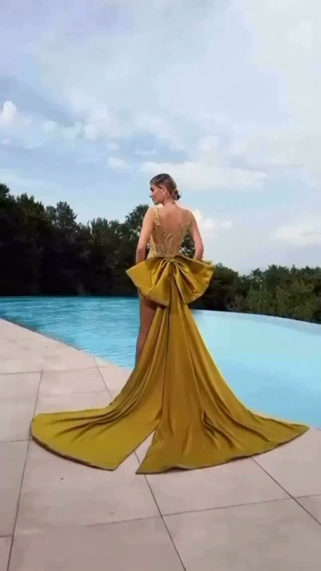 gold couture dress hire Golden Yellow Gown with Bow Train for Formal Guildford colour:Off White
