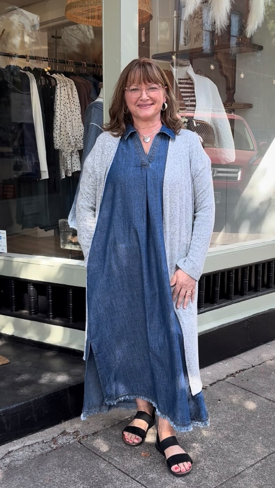 denim dress and cardigan styling tips for summer to fall transition Sleeveless My Actual Bust is:Custom Size (Free) Details Model is wearing x-mappingIndex:17495-36349 Pure Cotton Bubble Hem