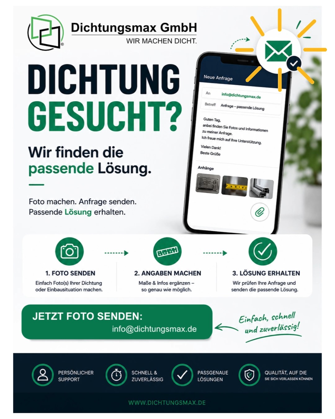 🔍 **Dichtung gesucht, aber nicht sicher, welche die richtige ist?** Kein Problem – wir helfen Ihnen dabei, die passende Lösung zu finden., 📸 **Einfach Foto(s) senden** 📏 Maße & wichtige Infos