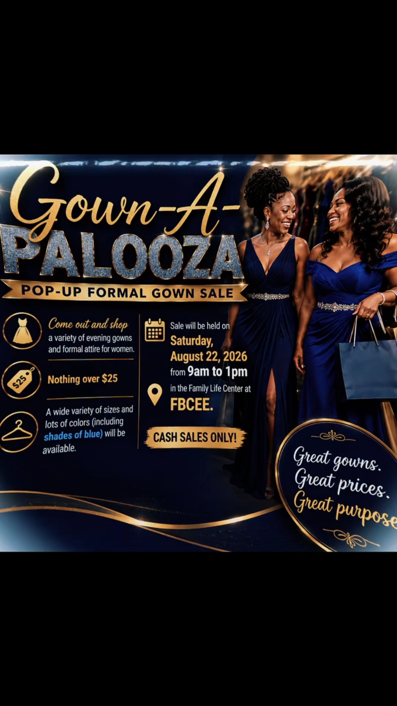 Need a formal gown for our upcoming Anniversary Gala or any other special event? COME SHOP at our Formal Gown Pop-Up Shop!, ⏰ TODAY (8/22/26) from 9 AM to 1 PM, 📍 3000 Jefferson Ave. Newport News, VA, 